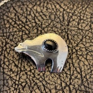 Zuni  vintage SIGNED Bear pin/pendant combo Bear w/heart line, SS & Onyx